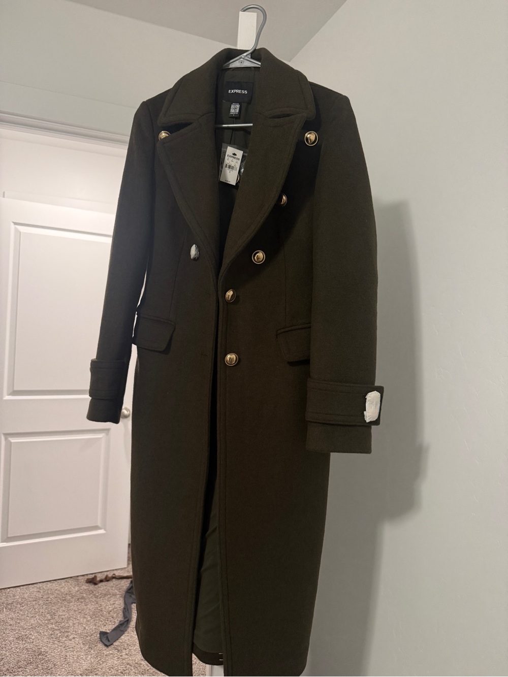 Express Men's Double-Breasted Long Coat in Olive Green with Gold Buttons
